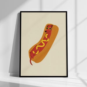 Hot Dog Character Print, Dachshund Art, Funny Dog Print, Retro Character Illustration,  Quirky Wall Art, Dog Lover Gift, BBQ  Grill Art