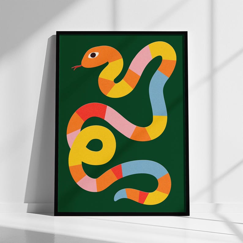 May include: An abstract illustration of a snake with a yellow, orange, pink and blue pattern on a dark green background.