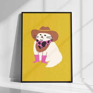 May include: A white cat wearing a brown cowboy hat, a pink bandana with black spots, and pink boots on a yellow background.