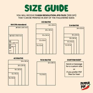 May include: A size guide for printable digital art, showing different aspect ratios and corresponding sizes in inches and millimetres. The guide includes standard ISO 216 paper sizes, 4:5 ratio, 2:3 ratio, 3:4 ratio, and 11:14 ratio. It also mentions that the files are high resolution JPGs at 300 DPI and that custom sizes are available upon request.