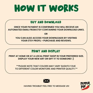 May include: A green and white graphic with the text "How It Works" in large green letters. The graphic explains how to buy and download digital art prints, and how to print and display them at home or at a local print shop. The graphic also includes a note that colours may vary slightly due to different colour monitors and printer quality.