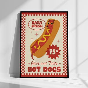 Hot Dog Art Print, Retro Character Art, Dachshund Art, Funny Dog Print, Sausage Dog Illustration, Quirky Wall Art, Dog Lover Gift, BBQ Art