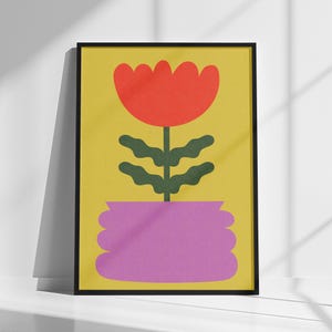 Impresión artística de florero, arte mural botánico, colores de dopamina, ilustración floral minimalista, colores de moda, decoración del hogar ecléctica y maximalista