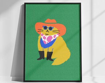 Colorful Western Cat Print, Cat wearing cowboy hat and boots, Cat Wearing Funny Western Outfit, Cat Lover Gift, Eclectic Art, Western Decor