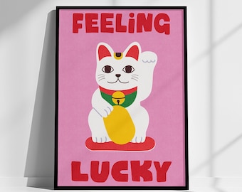 Feeling Lucky Japanese Fortune Cat Wall Art, Lucky Cat Print, Cat Lover Gift, Lucky Waving Cat Art Printable, Maneki Neko Print