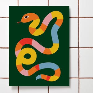 May include: An illustration of a colourful snake against a green background. The snake is made up of segments of yellow, orange, red, pink and blue.