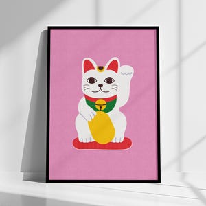 Pink Japanese Lucky Cat Wall Art, Lucky Cat Print, Cat Lover Gift, Good Luck Poster, Maneki Neko Print, Lucky Waving Cat Art Printable