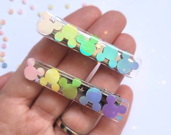 Pastel rainbow holoraphic Mickey Mouse Inspired | Resin | Acrylic | Glitter | Hair Clip |