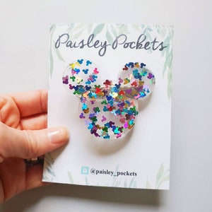 Mickey Mouse head inspired clear multicolor sparkle resin hair clip