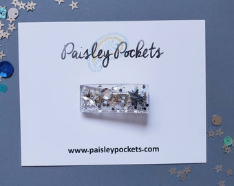 Estrellas de plata / resina / acrílico / brillo / clip de pelo /