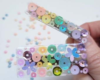 Lentejuelas arcoíris pastel / Resina / Acrílico / Purpurina / Pinza para el cabello /