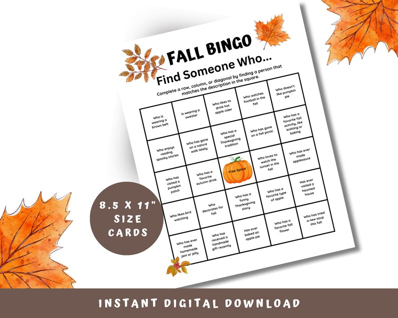 Fall Bingo Printable, Bingo Game for Senior Citizens, Mingle Bingo Game ...