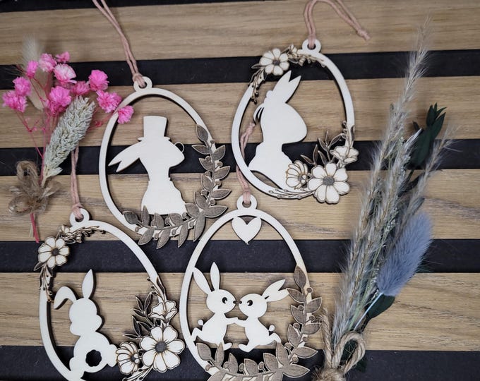 Osteranhänger Set aus Holz – 4 filigrane Deko-Anhänger, Ostern Baumschmuck, Frühling Deko, Hasen Silhouetten