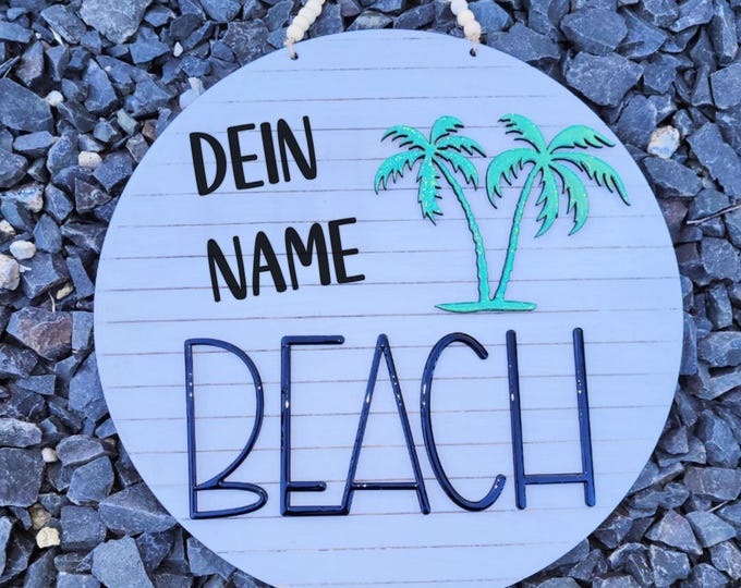 Personalisierbares Beach-Schild aus Holz – 38 cm | Maritimes Türschild mit Namen | Handgefertigte Deko mit 3D-Schrift & Palmen