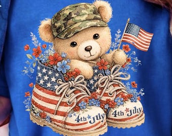Patriotic Teddy Bear PNG, 4th of July Sublimation Design, American Flag Boots, Camo Hat, Kids Independence Day Shirt, Memorial Day Digital