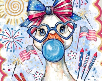 Preppy Patriotic Goose PNG, Coquette Fourth of july Duck, Sublimation Heart Glasses, Bubblegum Duck, Red White Blue Girly Design, Digital