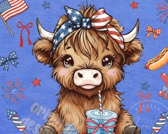 Baby Highland Cow 4th of July PNG – Patriotic Western Shirt Design, USA Kids Shirt,  Red White Blue Sublimation, 250th png, Digital Download