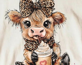 Leopard Iced Coffee Highland Cow PNG: Western Animal Print, Hand draw Sublimation, DTF Shirt  design, Digital Download