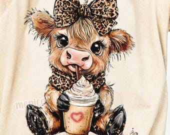 Western Highland Cow PNG, Iced Coffee Highland Cow, Leopard Bow PNG, Hand Drawn Sublimation, DTF Shirt Design, Country Shirt, Digital Downlo