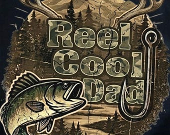 Reel Cool Dad PNG, Bass Fishing Sublimation Design, Funny Fishing T-Shirt Design, DTF Print File, Camo Fishing Dad Graphic, Digital Download