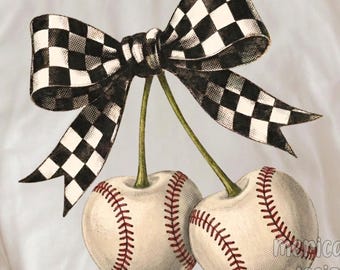 Checkered Bow Cherries PNG, Coquette Baseball Sublimation, Grandmillennial Sports Mom Design, Retro Game Day Shirt, Baseball Season PNG File