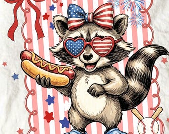 Funny Raccoon 4th Of July PNG, Red White And Feral Design, USA Coquette Bow Sublimation, Kids Shirt Graphic, Digital Download
