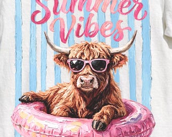 Highland Cow PNG – Summer Beach Vacation Shirt Design, Sublimation File, Cute Animal T-Shirt Print for Small Business, Digital Download