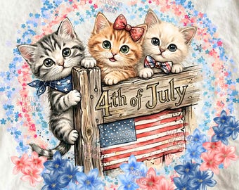 Preppy Patriotic Kittens PNG, 4th of July Cat Lover Design, Watercolor Floral USA Flag, Bow Cats Shirt Graphic, Flower Wreath Fourth of July