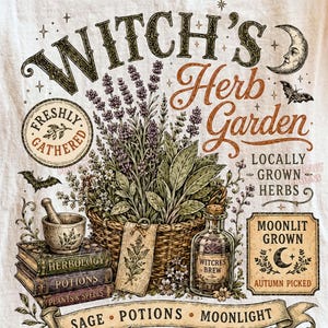 Witch Herb Garden PNG, Vintage Witch Botanical, Gardener Witch, Halloween Sublimation Design, Digital Download image 1
