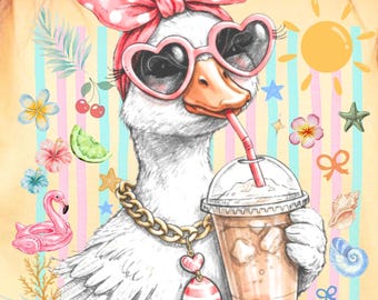 Retro Silly Goose PNG, Preppy Summer Beach Coquette Bow, Pink Striped Goose, Sublimation Design, DTG Shirt Graphic ( Digital Ddownload )