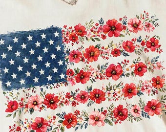 Floral American Flag PNG | Vintage Red Poppy USA Flag | Patriotic Botanical Sublimation Design ( Digital Download )