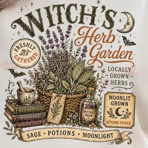 May include: A cream-colored sweatshirt featuring a graphic print with the text Witch's Herb Garden. The design includes a basket of herbs, a mortar and pestle, stacked books labeled Herbology, Potions, and Plants & Spells, and a potion bottle.