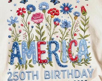 America 250th Birthday PNG – Patriotic Shirt Design, Sublimation File, Floral Vintage Style (Digital Download)
