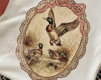 Vintage Mallard Duck PNG, Sublimation Design, Flying Duck Oval Lace Frame, Cottagecore Graphic, Thrifted Png, High Resolution Download