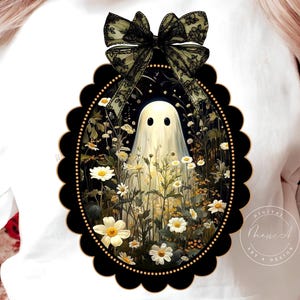 Coquette Bow Cottagecore Ghost PNG - Vintage Daisy Floral Sublimation Design, Spooky Vibes Shirt DTF file, Girly Halloween Tee, Downloading image 5