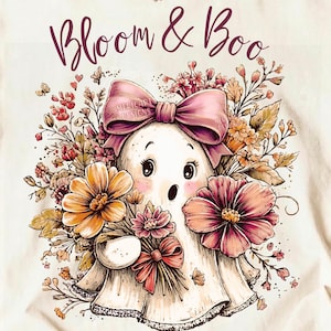 Coquette Boo Ghost PNG, Floral Pinky Ghost, Retro Halloween Sublimation, Trendy Girly Boo Design, Fall Shirt Graphic, DTF, Digital Download image 1