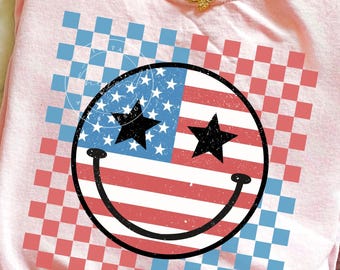 Fourth of July Happy face PNG, Patriotic Smiley Design, Stars and Stripes, Independence Day, Retro American Flag Sublimation, Digital Downlo
