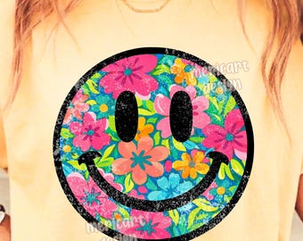 Bohemian Floral Smiley Face PNG, Distressed Summer Sublimation, Retro 70s T-shirt Design (Digital Download)