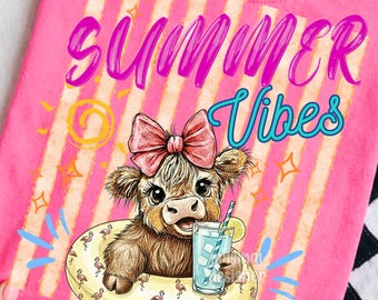 Girly Highland Cow Summer PNG | Beach Baby Cow with Drink | Kids Vacation Shirt Design | Retro Sublimation | Dtf Transfer Digital Download