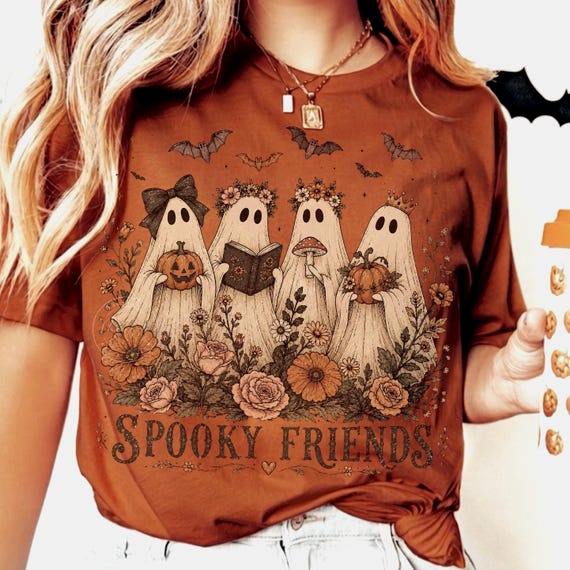 Spooky PNG, Vintage Halloween Ghosts PNG, Floral Ghost, Coquette Bow Pumpkin PNG, Retro Cozy Season, Girly Halloween party shirt design, dtf