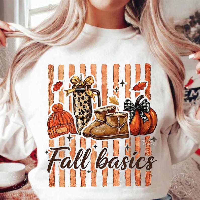 May include: A white sweatshirt featuring a graphic of orange vertical stripes, an orange knit beanie, a leopard print tumbler with a gold bow, tan boots, and an orange pumpkin with a black and white plaid bow, with the text Fall basics.