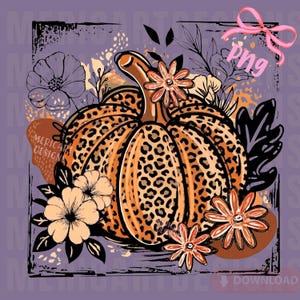 May include: A digital illustration of a pumpkin with a leopard print pattern, surrounded by stylized flowers and leaves in shades of orange, black, and cream against a muted purple background. A pink ribbon is at the top right with the text png.