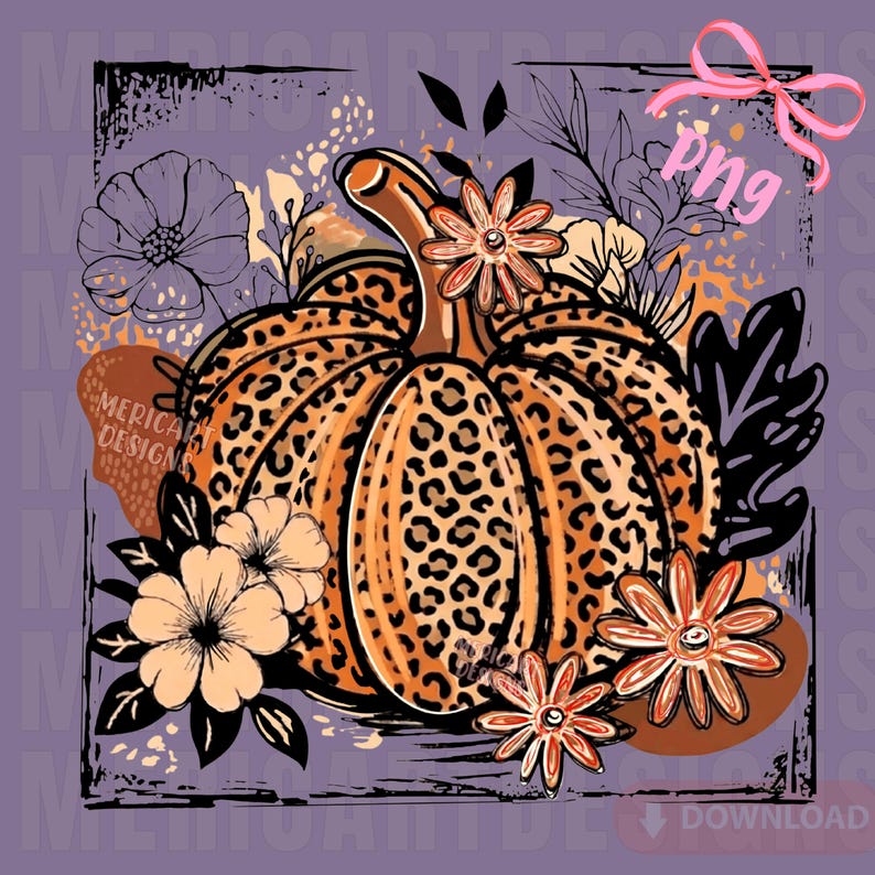 May include: A digital illustration of a pumpkin with a leopard print pattern, surrounded by stylized flowers and leaves in shades of orange, black, and cream against a muted purple background. A pink ribbon is at the top right with the text png.