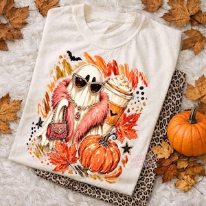 Fantasma glamuroso PNG, Halloween elegante, Calabaza coqueta PNG, Fantasma Boo PNG, Fantasma femenino PNG, Café de otoño, Sublimación de Halloween, Camiseta de moda PNG imagen 7
