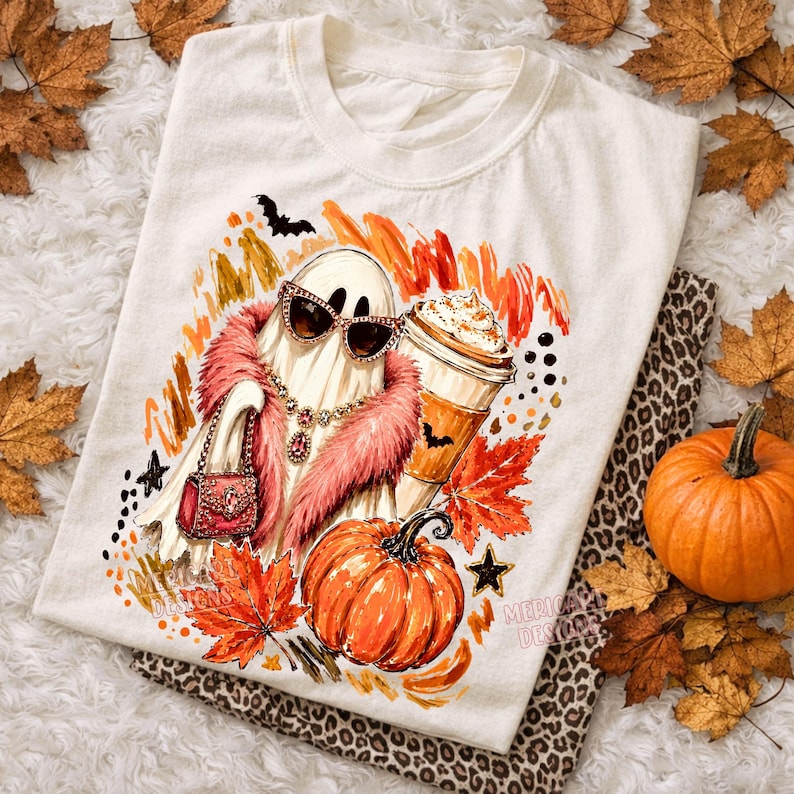 Fantasma glamuroso PNG, Halloween elegante, Calabaza coqueta PNG, Fantasma Boo PNG, Fantasma femenino PNG, Café de otoño, Sublimación de Halloween, Camiseta de moda PNG imagen 7