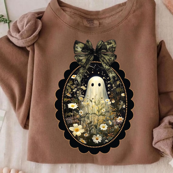 Vintage Halloween Ghost PNG, Cottagecore Ghost Sublimation, Coquette Bow Ghost, Daisy Floral Shirt Design, Spooky Vibes, Floral ghost png