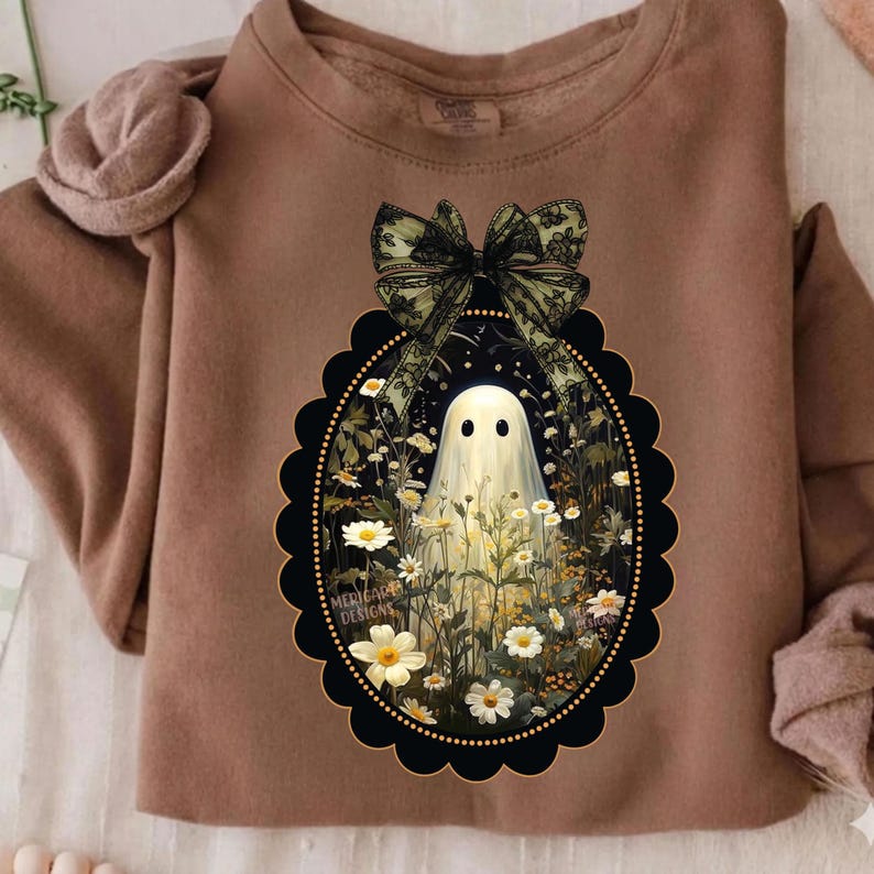 Coquette Bow Cottagecore Ghost PNG - Vintage Daisy Floral Sublimation Design, Spooky Vibes Shirt DTF file, Girly Halloween Tee, Downloading image 1