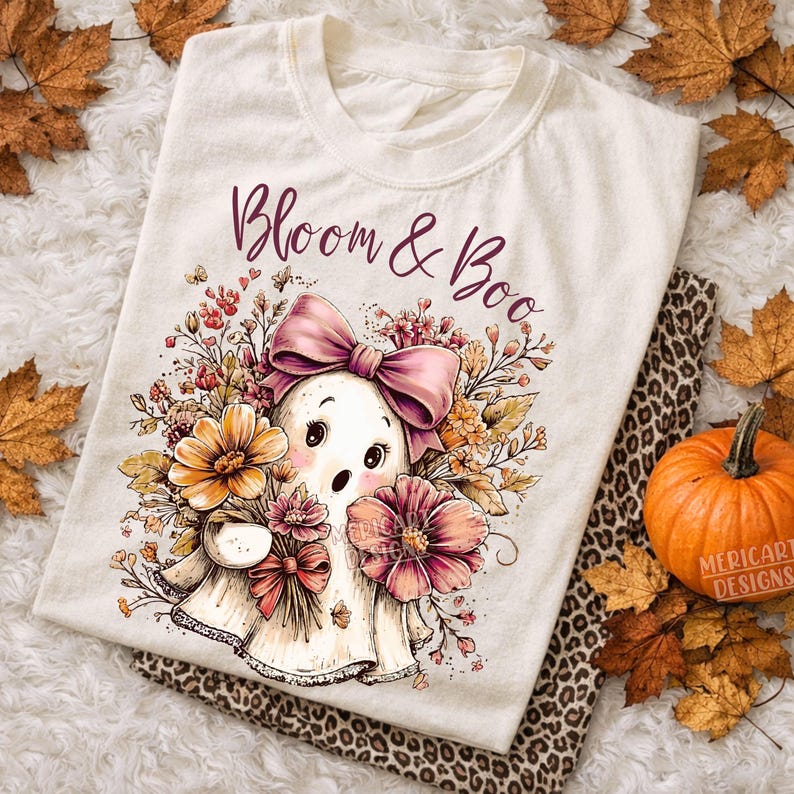 May include: A cream-colored t-shirt featuring a graphic of a ghost with a large pink bow, surrounded by colorful autumn flowers and foliage. The text "Bloom & Boo" is printed in a dark purple script font above the ghost illustration.