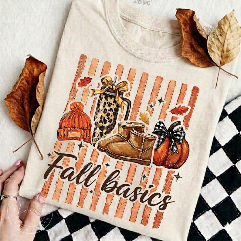 May include: A cream-colored t-shirt featuring a graphic of orange vertical stripes, an orange knit hat, a leopard print tumbler, brown boots, and an orange pumpkin with a black and white plaid bow. The text "Fall basics" is printed in brown script.