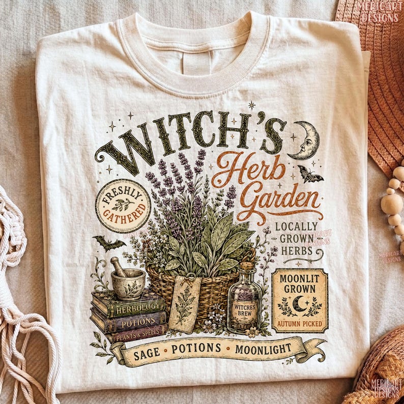 Witch Herb Garden PNG, Vintage Witch Botanical, Gardener Witch, Halloween Sublimation Design, Digital Download image 1